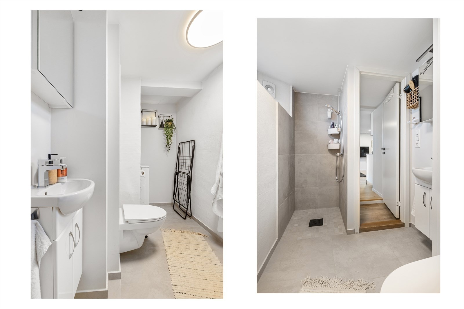 Badet er innredet med dusj, servant i innredning med skap under, speilskap med belysning over samt vegghengt toalett Galleribilde