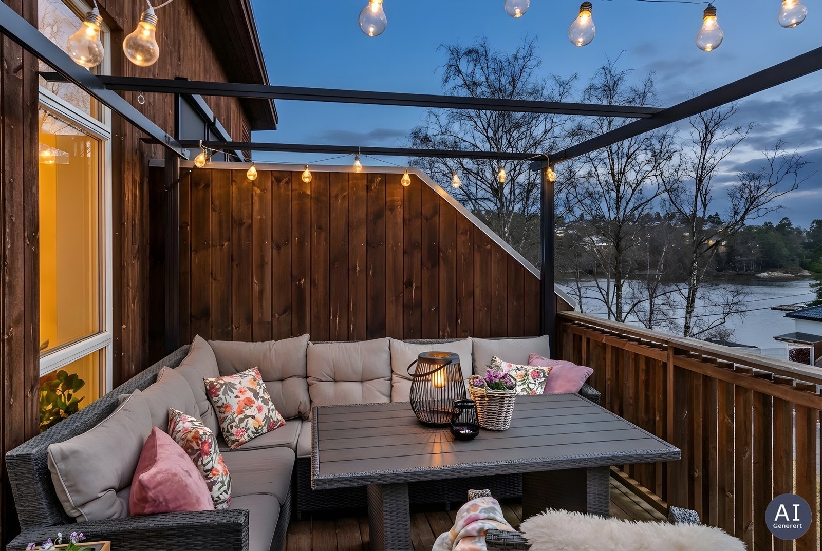 Verandaen på 12 m² har god plass til en sittegruppe og utvider stuen på varme dager. Her har du sol til sent på kveld. Galleribilde