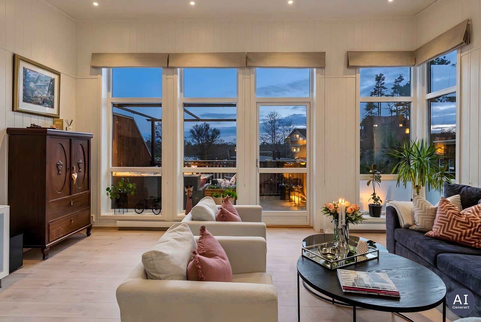 Det er store vindusflater i stuen og utgang til flott balkong med pergola og fin utsikt. Galleribilde