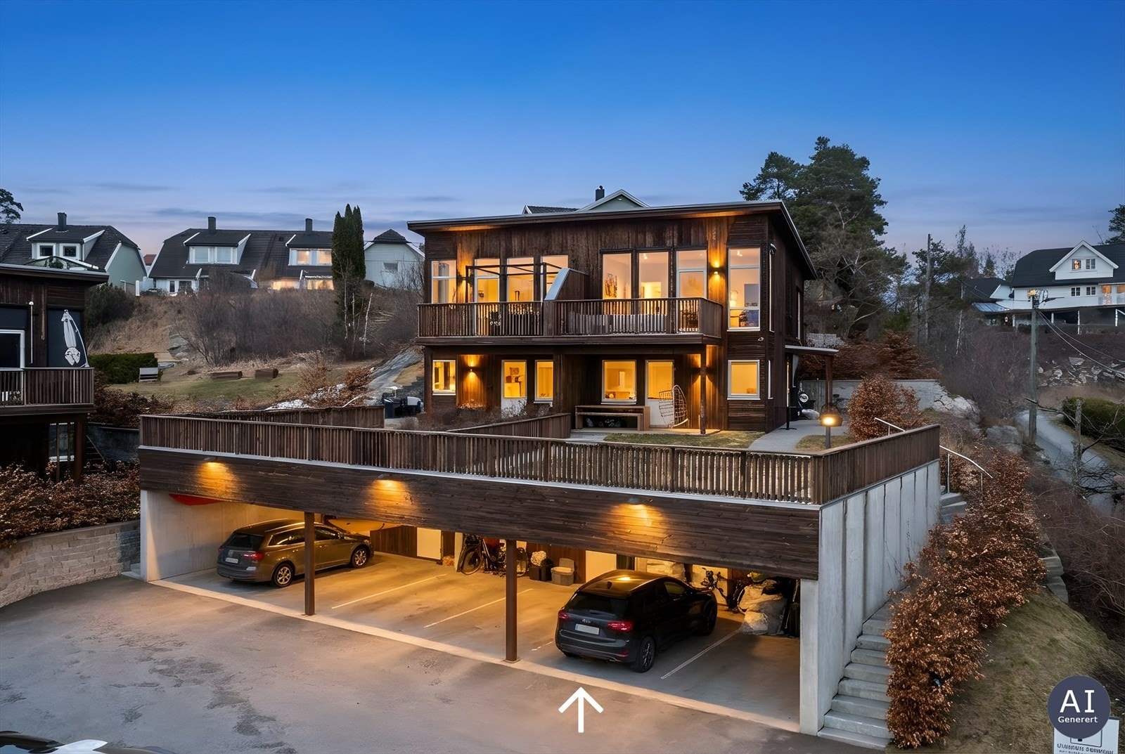 Carportanlegget med boder er praktisk integrert under bebyggelsen. Det medfølger en oppstillingsplass i carporten som er markert i bilde med bakenforliggende bod. I tillegg medfølger en utvendig merket plass. Galleribilde