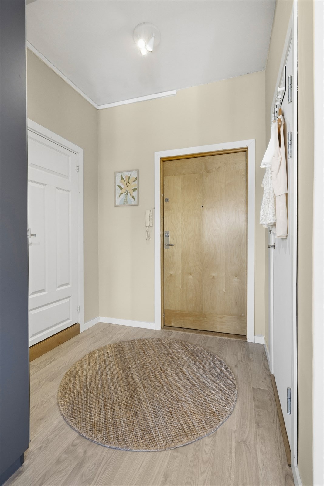 Laminat på gulv. Entrèdør med B30, 35 db (brann og lyddør). Dørcalling. Galleribilde