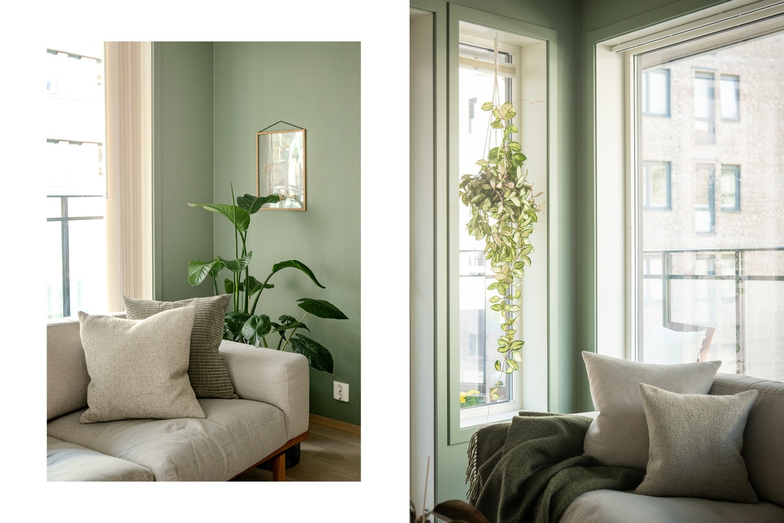 Veggene er malt i en lys grønn nyanse som står pent til det lyse parkettgulvet som er gjennomgående i boligen. Galleribilde