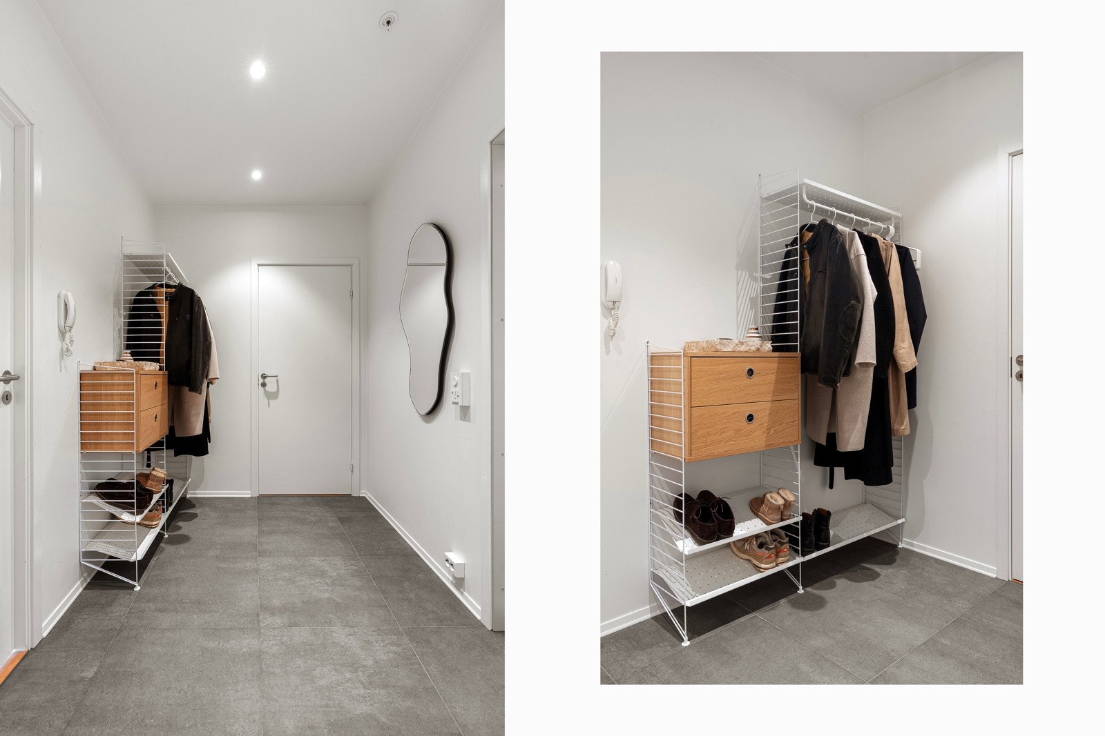 Det er en åpen garderobeløsning med et fleksibelt Spring-hyllesystem. Her er det fullt mulig å sette inn skyvedørsgarderobe dersom det skulle være ønskelig.