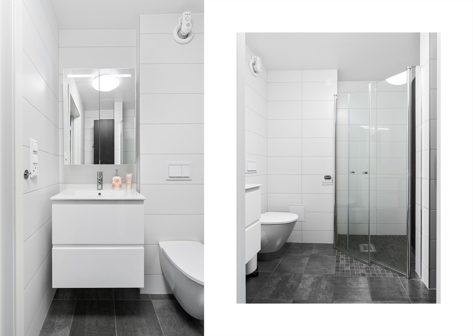 Badet ligger praktisk til i tilknytning til soveromsavdelingen. Det ble oppgradert i 2019 og fremstår moderne med flislagte overflater og gulvvarme. Badet har gode oppbevaringsmuligheter i både skuffer og skap, samt vegghengt toalett. Galleribilde