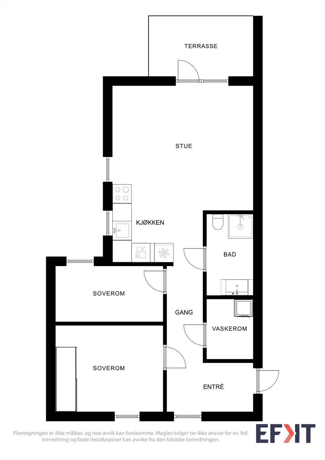 Leiligheten har en gjennomtenkt planløsning på 55 m² som fordeler seg på to soverom, bad, bod og en sosial sone med stue og kjøkken. Galleribilde