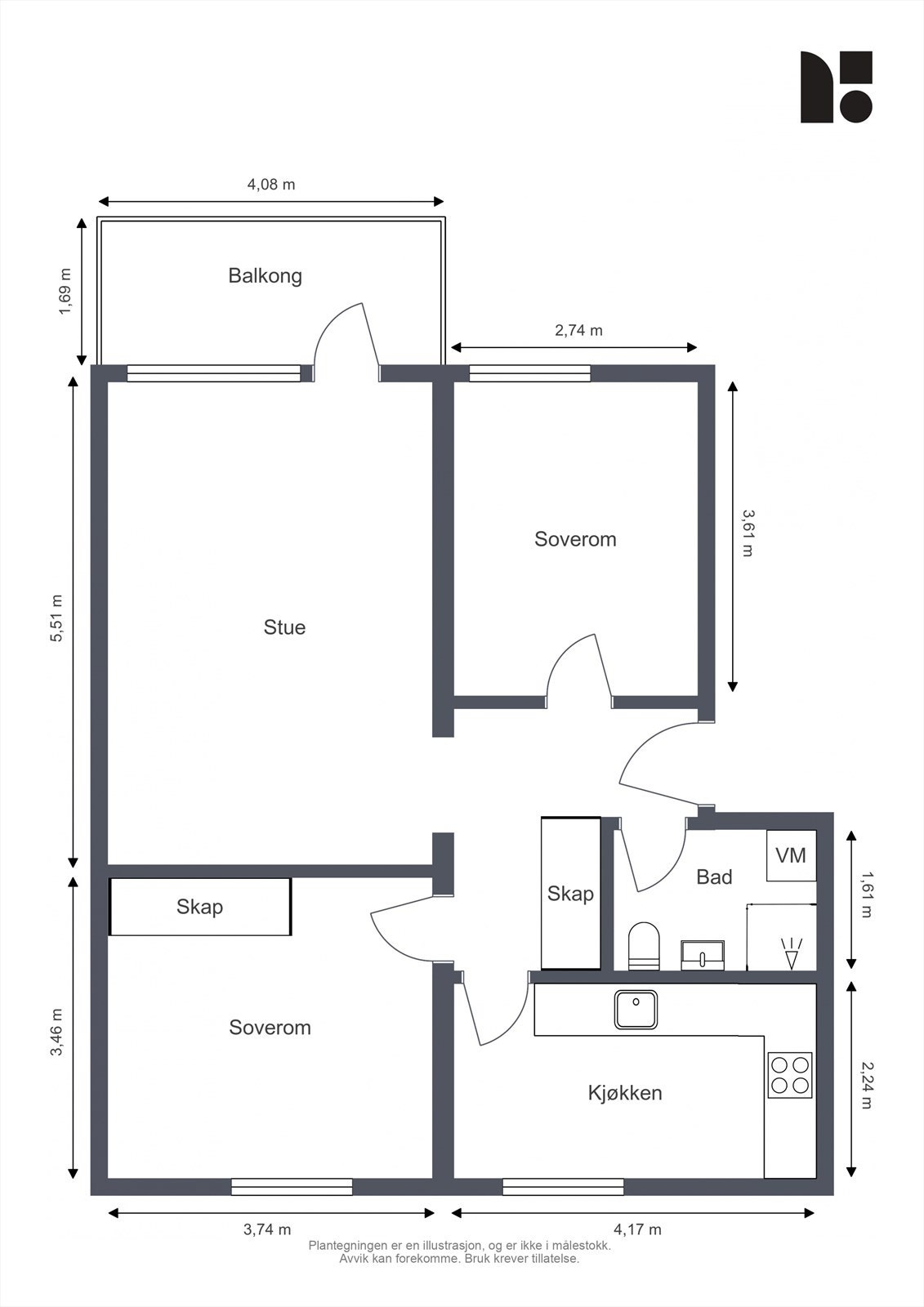 Leiligheten har en effektiv planløsning som fordeler 67 m² over entré, stue, kjøkken, bad og to soverom. Galleribilde