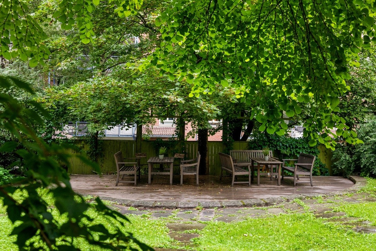 Frodig bakgård som kan benyttes til sammenkomster på varmere dager. Galleribilde