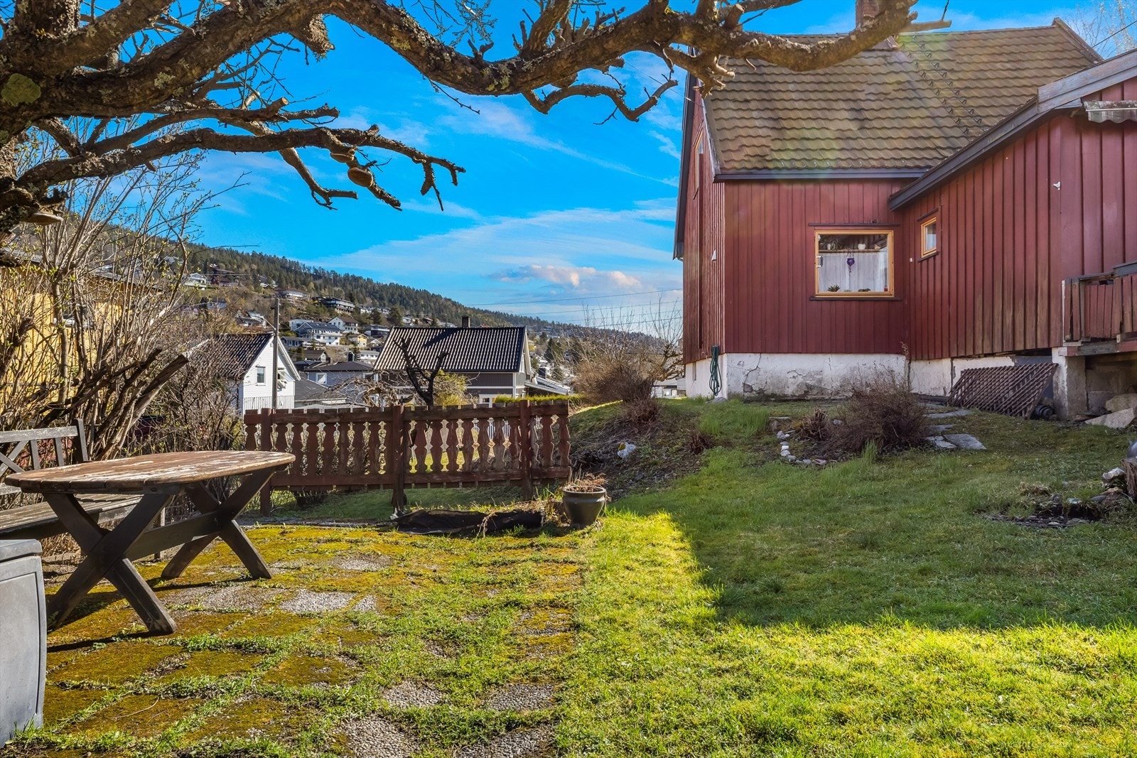 Tomten er opparbeidet med gressplen, beplantninger og prydbusker. Gruset gårdsplass. Galleribilde