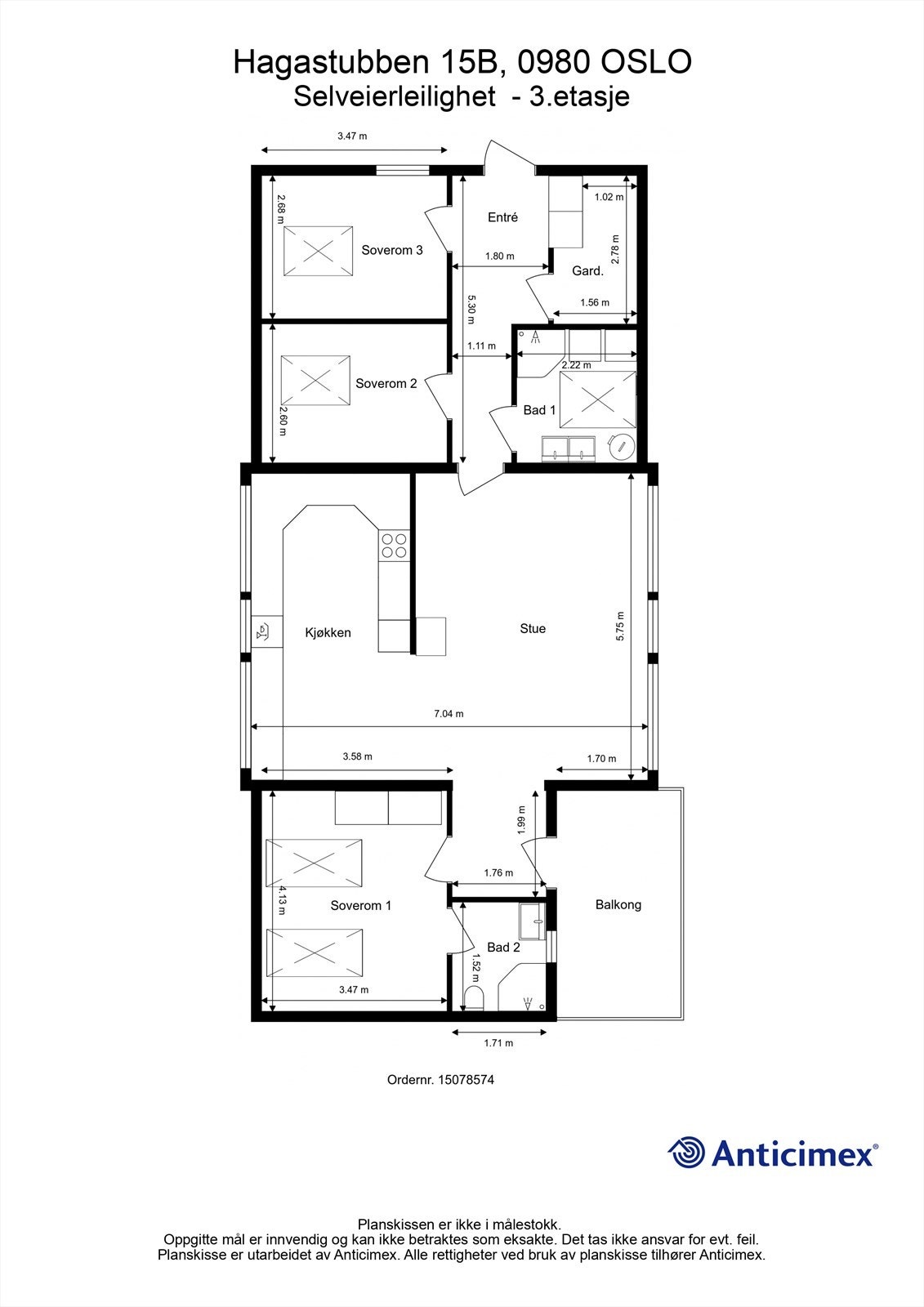 Leiligheten har en arealeffektiv planløsning på 89 m² BRA, med tre soverom, to bad og en åpen sosial sone. Totalt gulvareal er 102 m². Galleribilde
