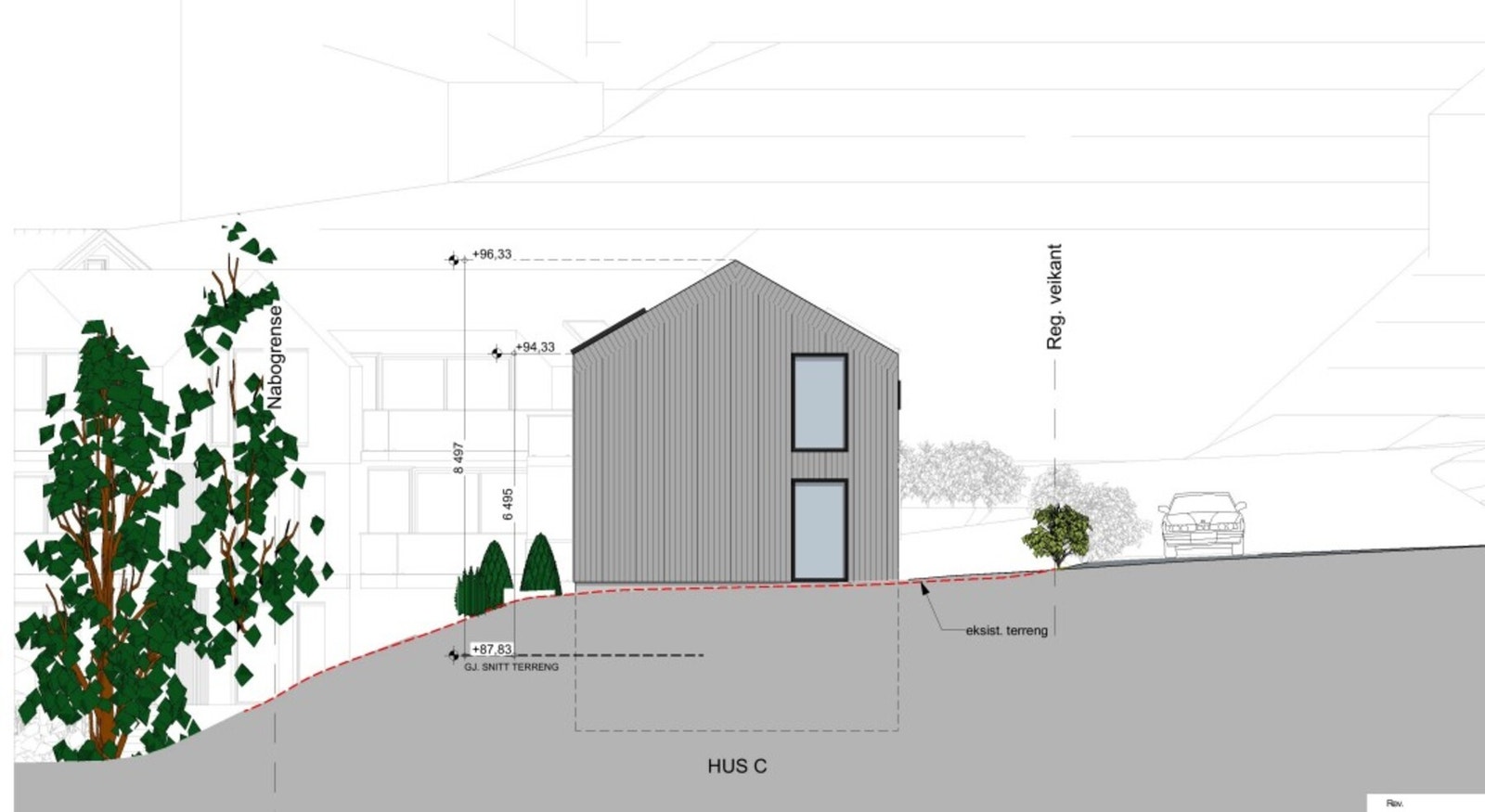 Arkitekttegning av enebolig. Galleribilde