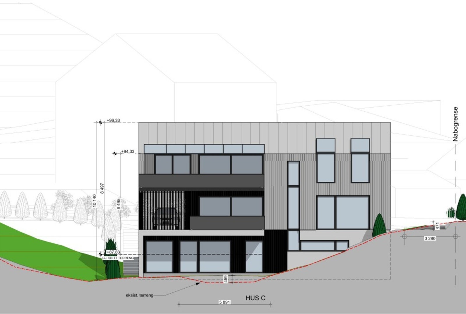 Arkitekttegning av enebolig. Galleribilde