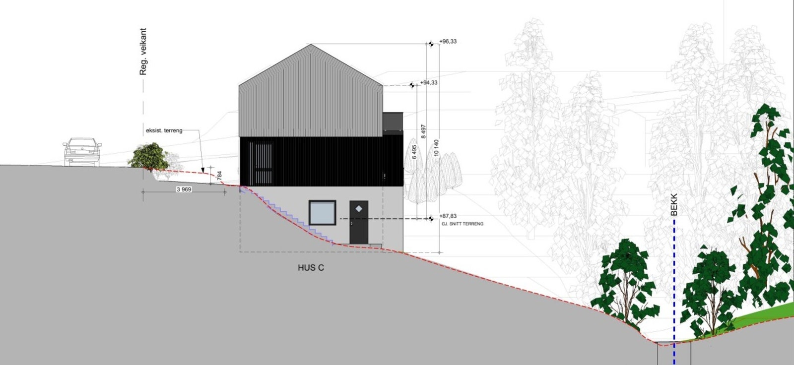 Arkitekttegning av enebolig. Galleribilde