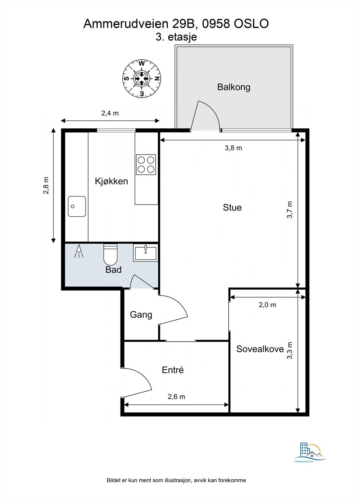 Leiligheten har en gjennomtenkt og arealeffektiv planløsning på 40 m² med separat kjøkken og vestvendt balkong. Galleribilde
