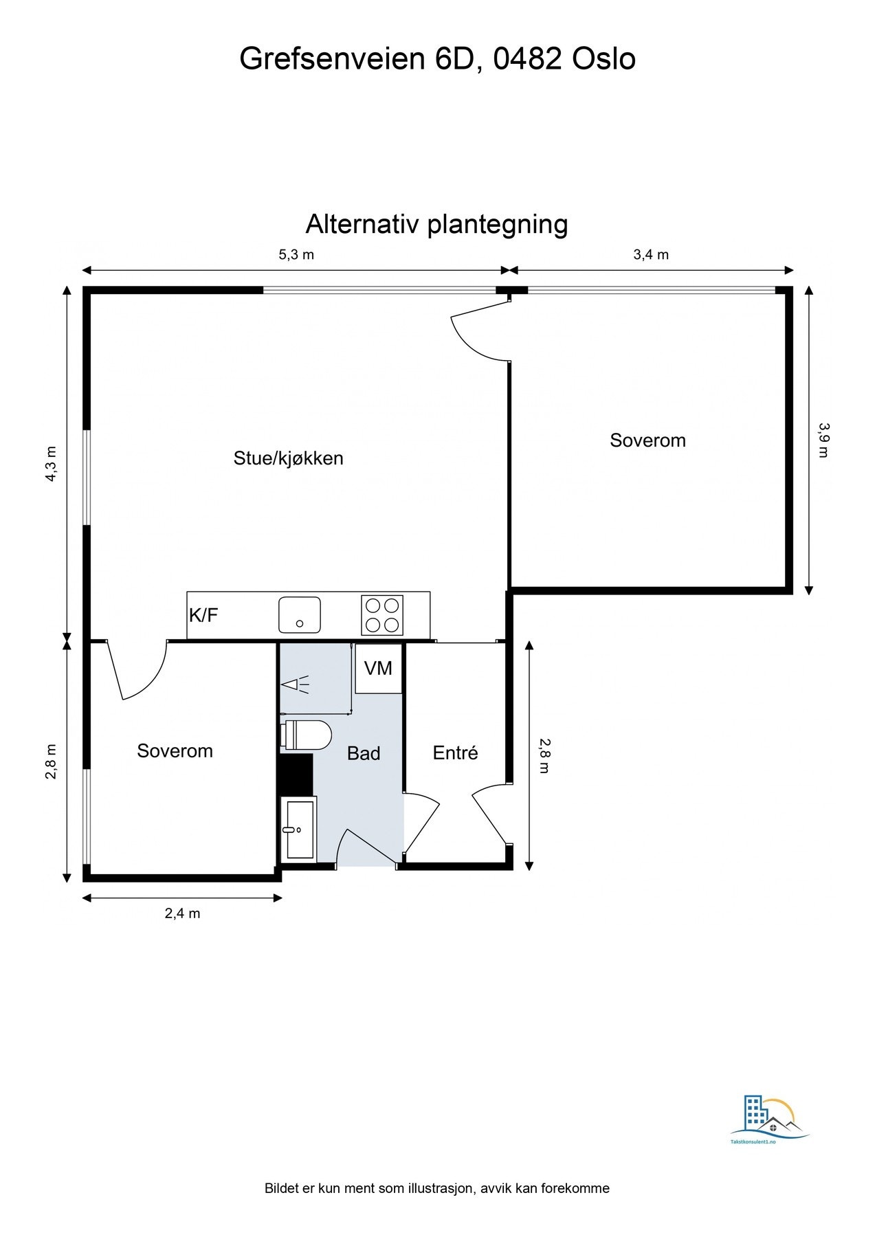 Alternativ planskisse med ekstra soverom og kjøkkenet flyttes til stuen. Galleribilde