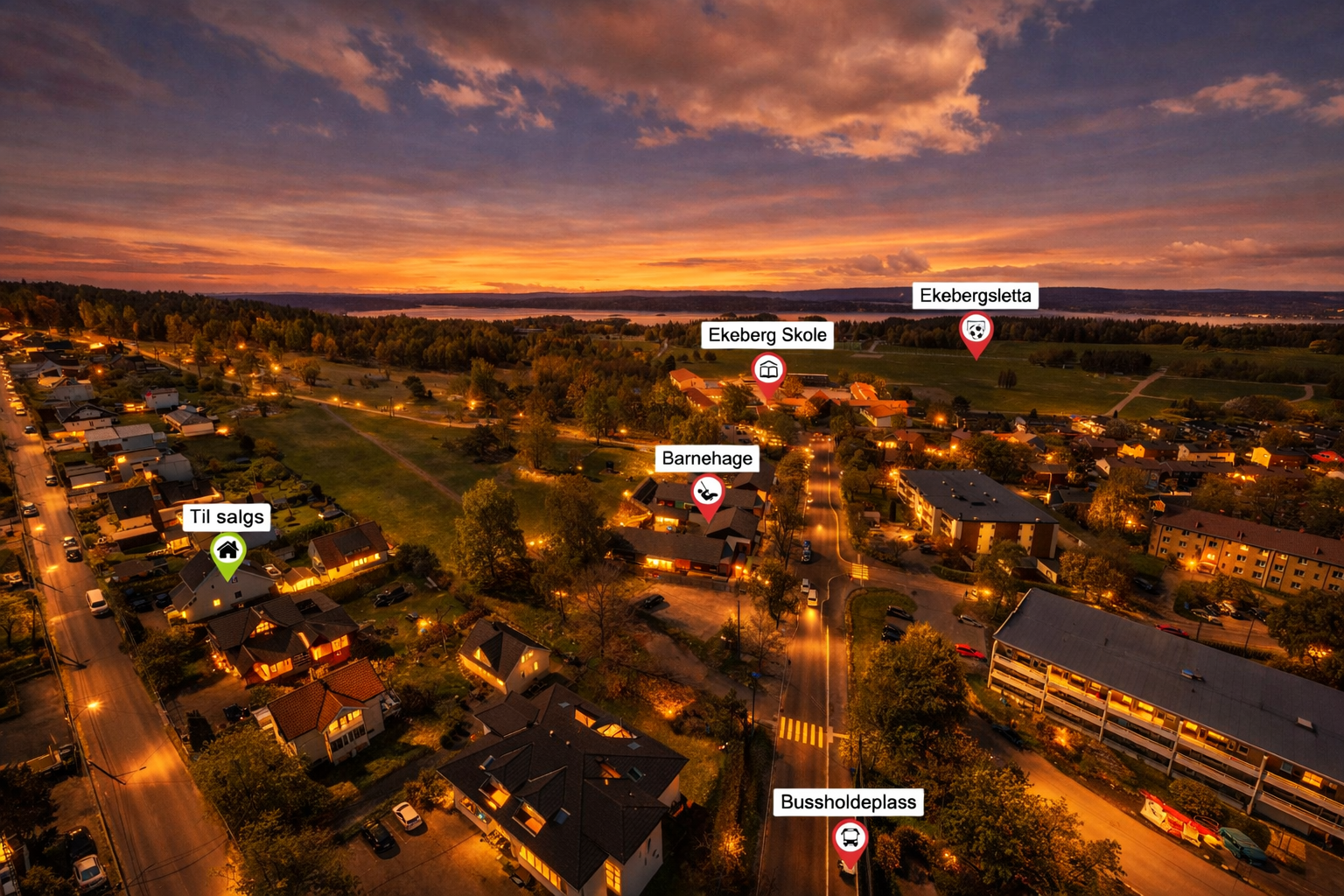 Alt i umiddelbar nærhet for en praktisk hverdag. Se lenken under visningspåmelding for 360 graders-visning av området. (Kveldsbildene er redigert ved hjelp av KI, mindre avvik kan forekomme) Galleribilde
