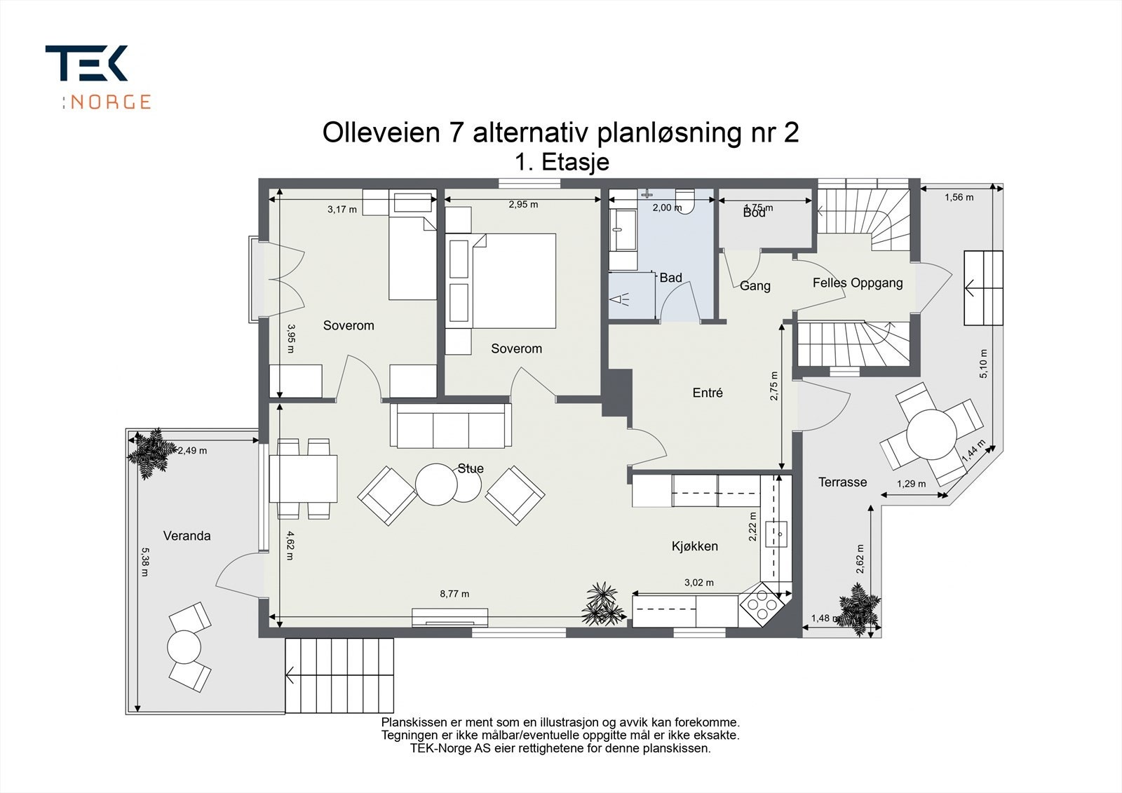 Alternativ planløsning som viser åpning mellom seksjon 1 og 2 via det som idag er "felles oppgang". Se kommentar om prisestimat i annonsen. Galleribilde