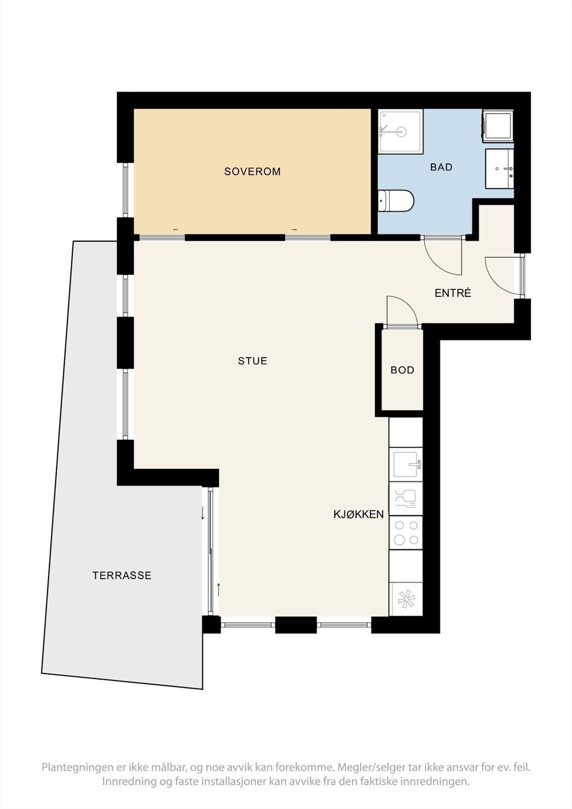 Leilighetens 48 m² er effektivt fordelt på entré, bad, soverom, innvendig bod og en åpen stue- og kjøkkenløsning. Galleribilde