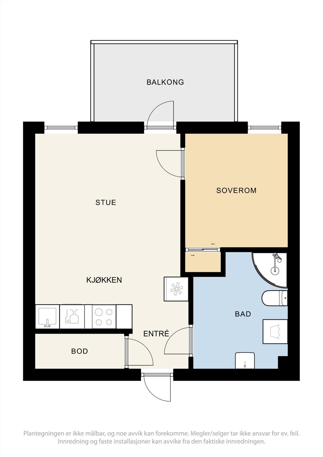 Leiligheten på 37 m² har en smart planløsning som utnytter arealet godt, med en praktisk innvendig bod og adskilt soverom. Galleribilde