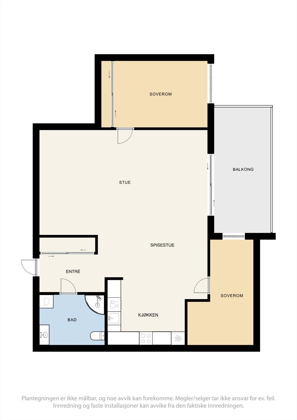 Planløsningen på 98 m² er godt utnyttet og fordeler seg over ett plan. Leiligheten inneholder entré, to soverom, bad og en stor, åpen stue- og kjøkkenløsning. Galleribilde