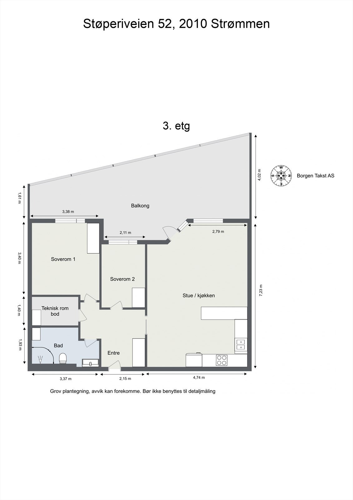 Leiligheten har en effektiv planløsning på 72 m² som omfatter en åpen stue- og kjøkkenløsning, to soverom, bad og en praktisk innvendig bod. Galleribilde