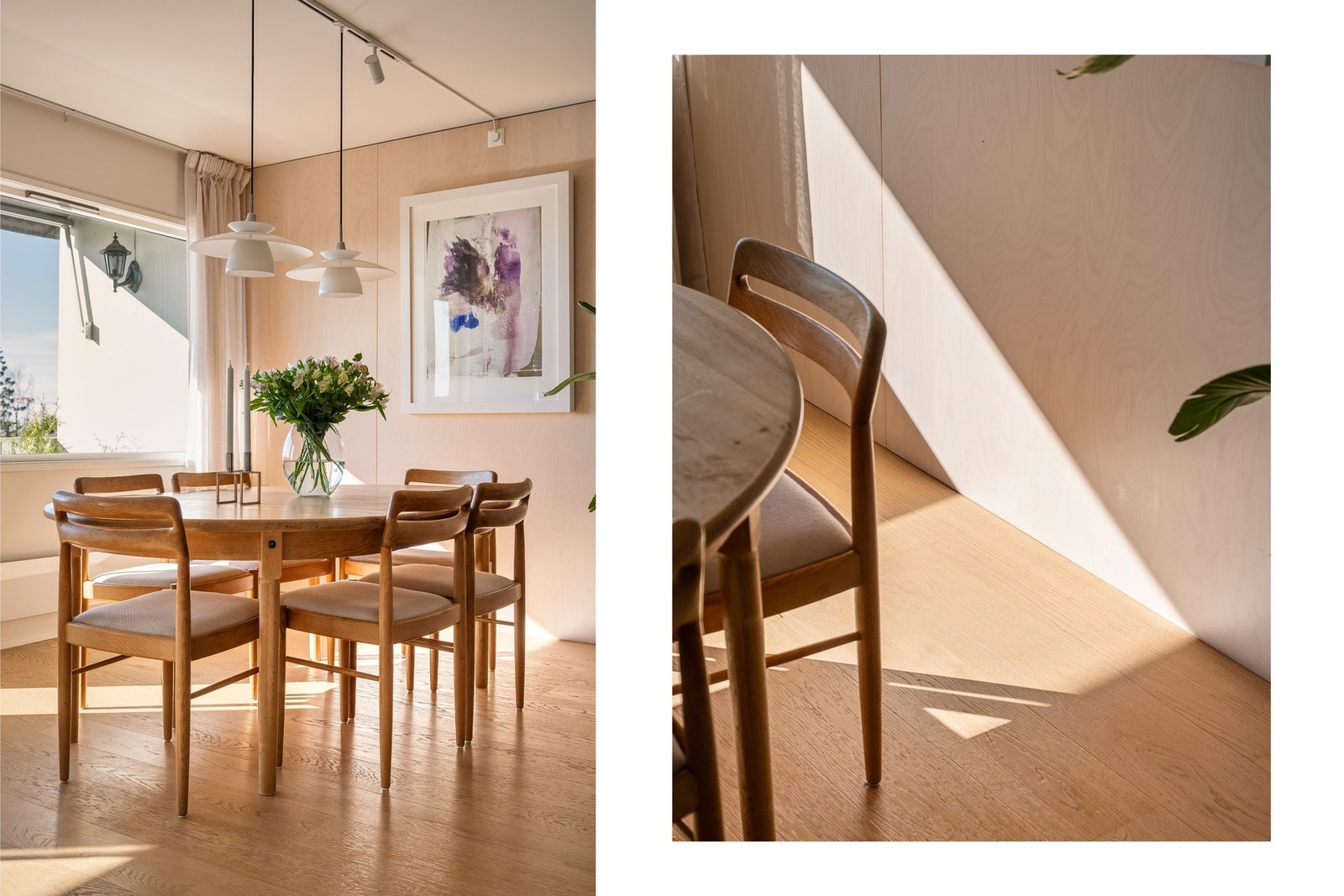 Stuen er detaljert med veggflater i bjørkefiner (lakkert med 3% hvitpigment) og enstavs eikeparkett på gulv. Galleribilde