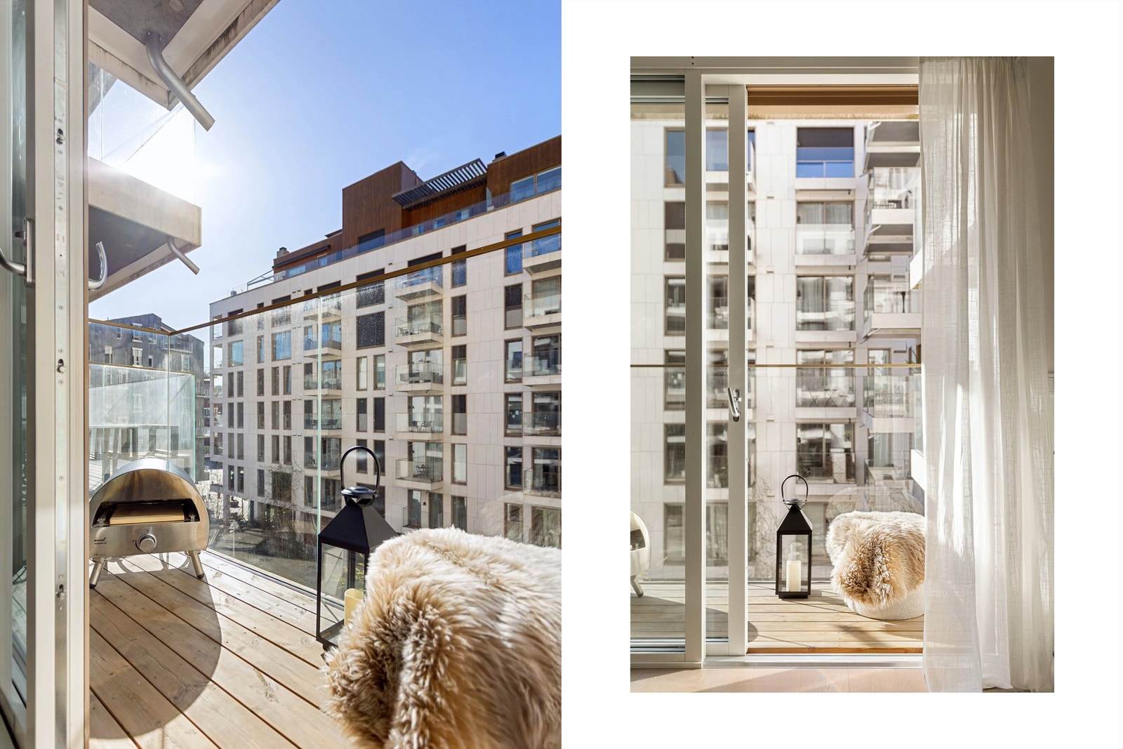 Den vestvendte balkongen har plass til en sittegruppe og vender mot et skjermet gårdsrom. Galleribilde
