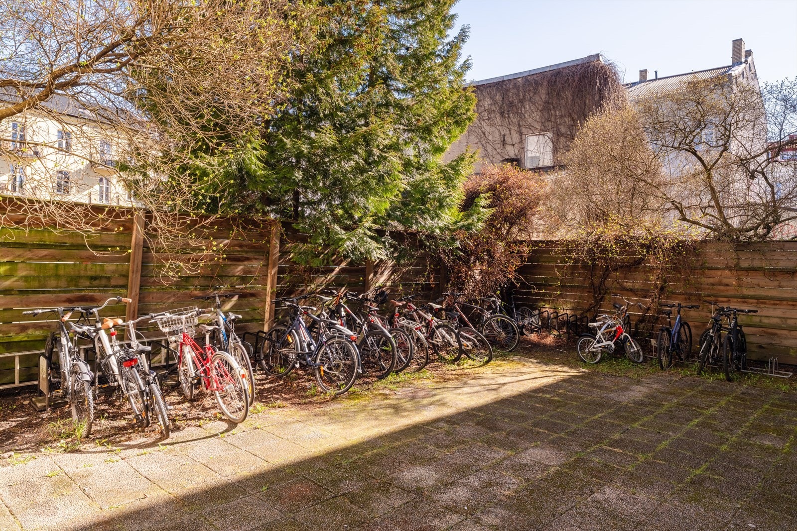 Det er sykkelparkering i bakgården. Galleribilde
