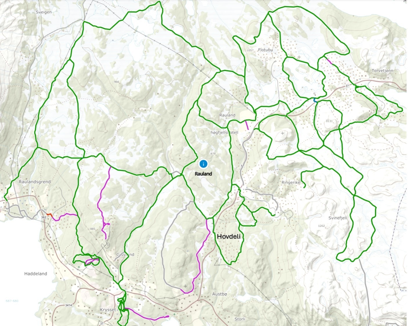 Oversikt over de 150 km. med oppkjørte løyper på Rauland. Hovdeli-feltet ligger perfekt til! Galleribilde