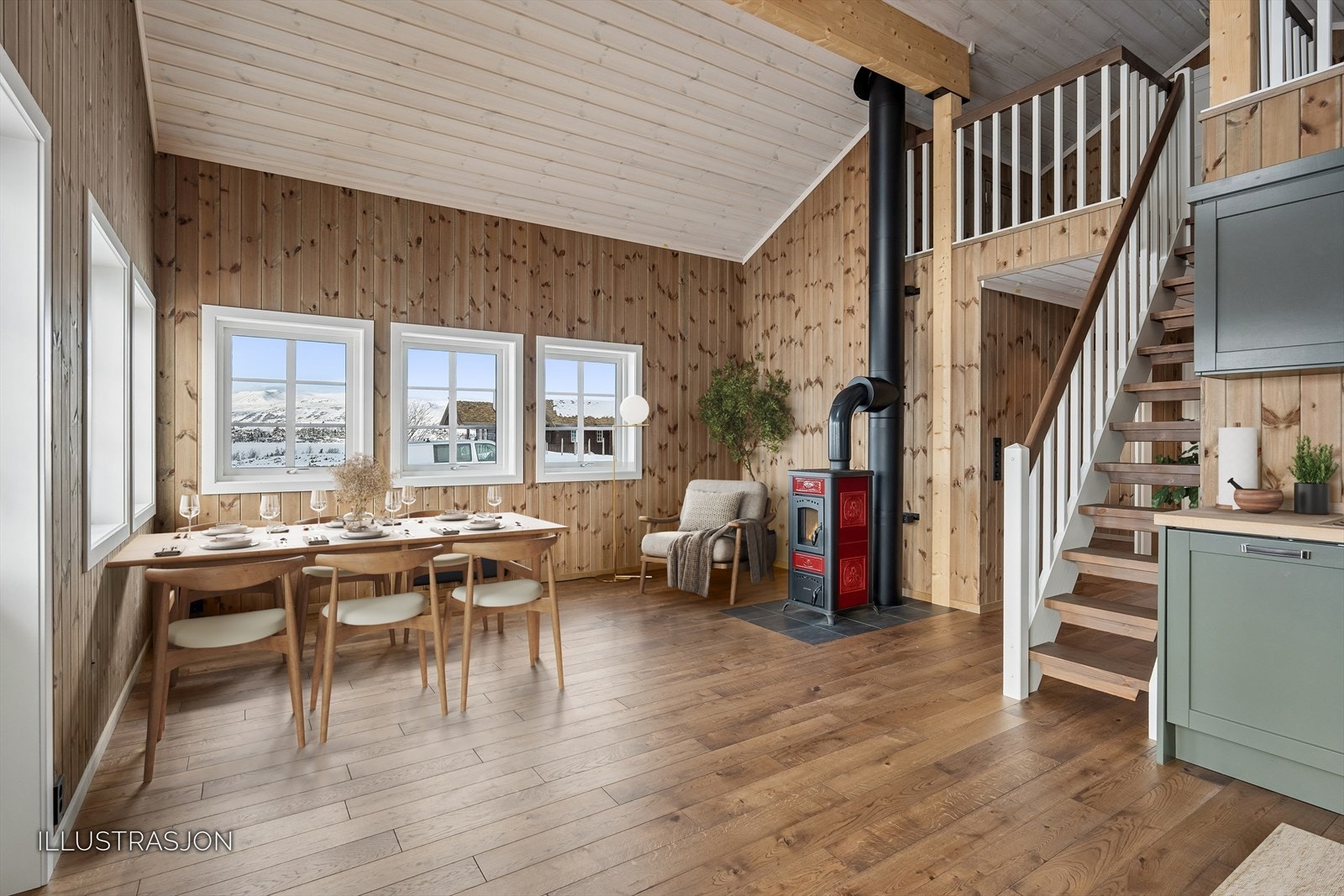 Hytta har to stuer med raustet himling og peisovner tilknyttet stålpiper, noe som gir ekstra rask oppvarming. (illustrasjonsfoto - møblering) Galleribilde