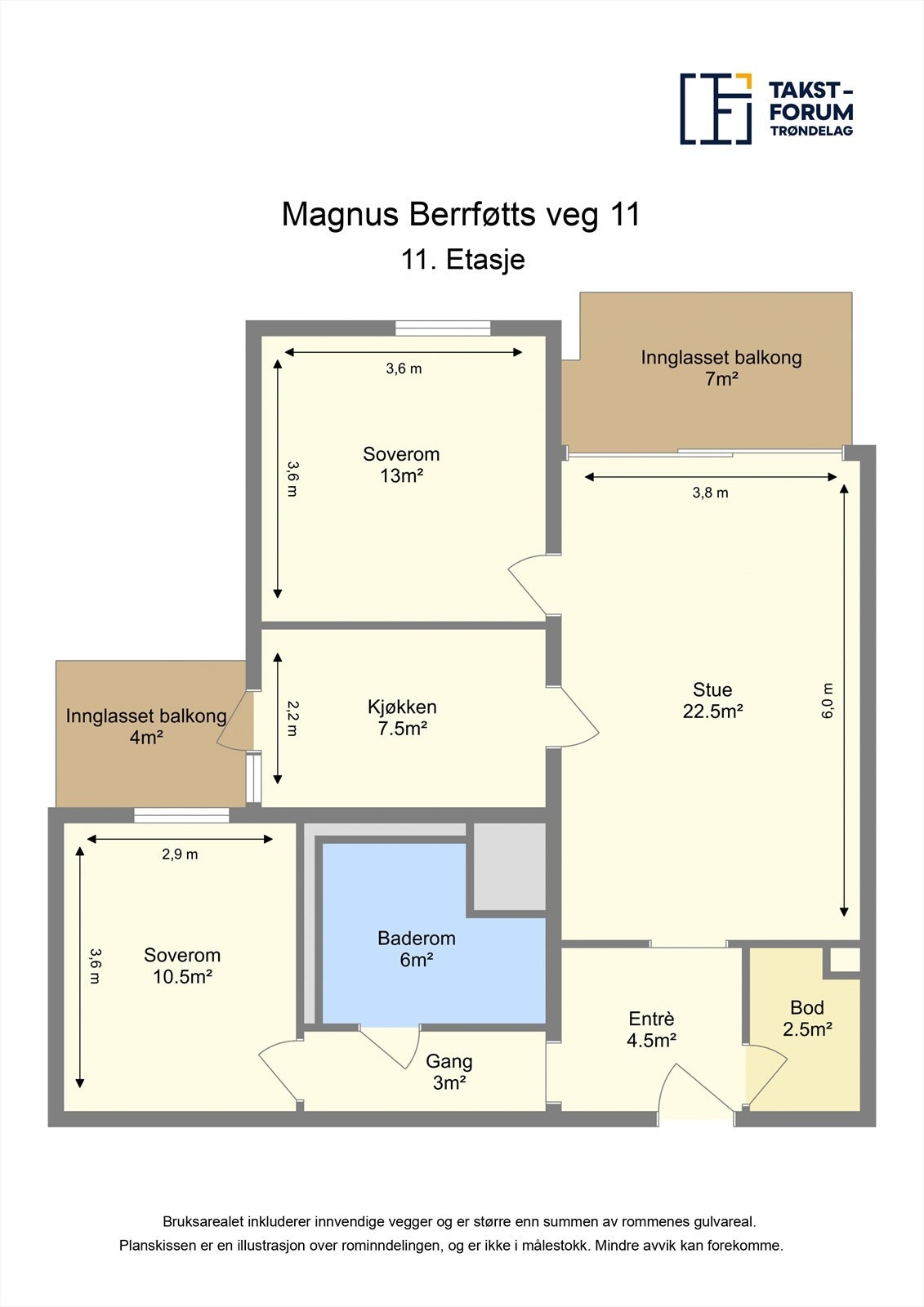 Leiligheten har en arealeffektiv planløsning på 75 m² (BRA-i) med to soverom, separat kjøkken og to innglassede balkonger. Galleribilde
