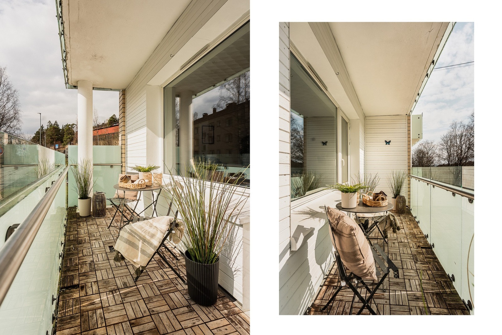 Balkongen er sydøstvendt på og har plass til en hyggelig sittegruppe. Rekkverket med frostet glass gir en skjermet uteplass. Galleribilde