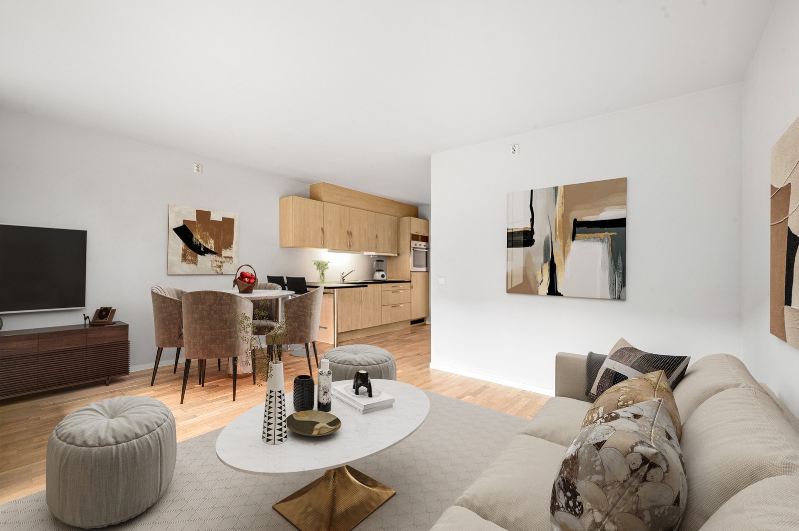 Lys og trivelig stue med slette vegger, listefrie overganger mellom vegg og tak samt utgang leilighetens terrasse. Galleribilde