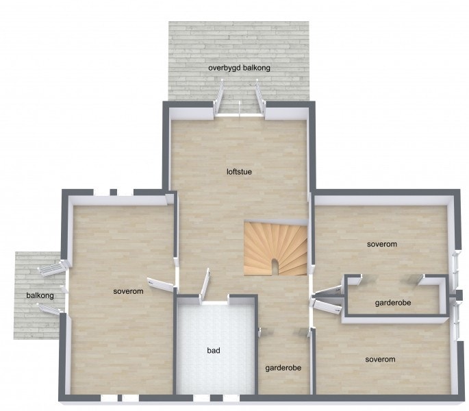 Loftsetasjen har et bruksareal på 79 m² og inneholder tre soverom, bad og en åpen loftstue. Galleribilde