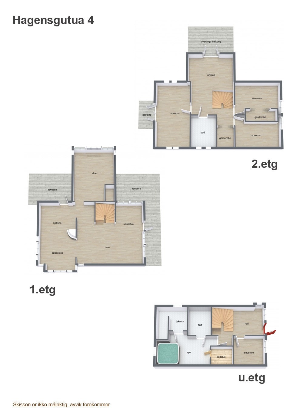 Eneboligen har et samlet internt bruksareal (BRA-i) på 226 m² fordelt over tre plan, pluss en garasje på 93 m². Galleribilde