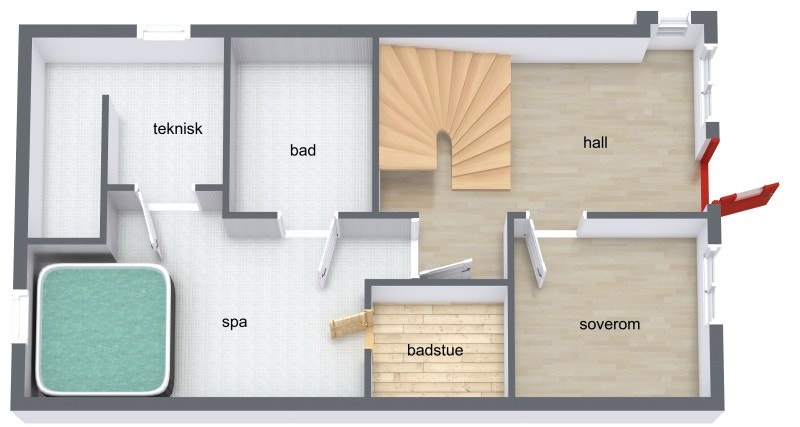 Underetasjen inneholder hall, teknisk rom, badstue og en stor baderomsavdeling. Deler av arealet er en bruksendring fra tidligere tilleggsdel. Galleribilde