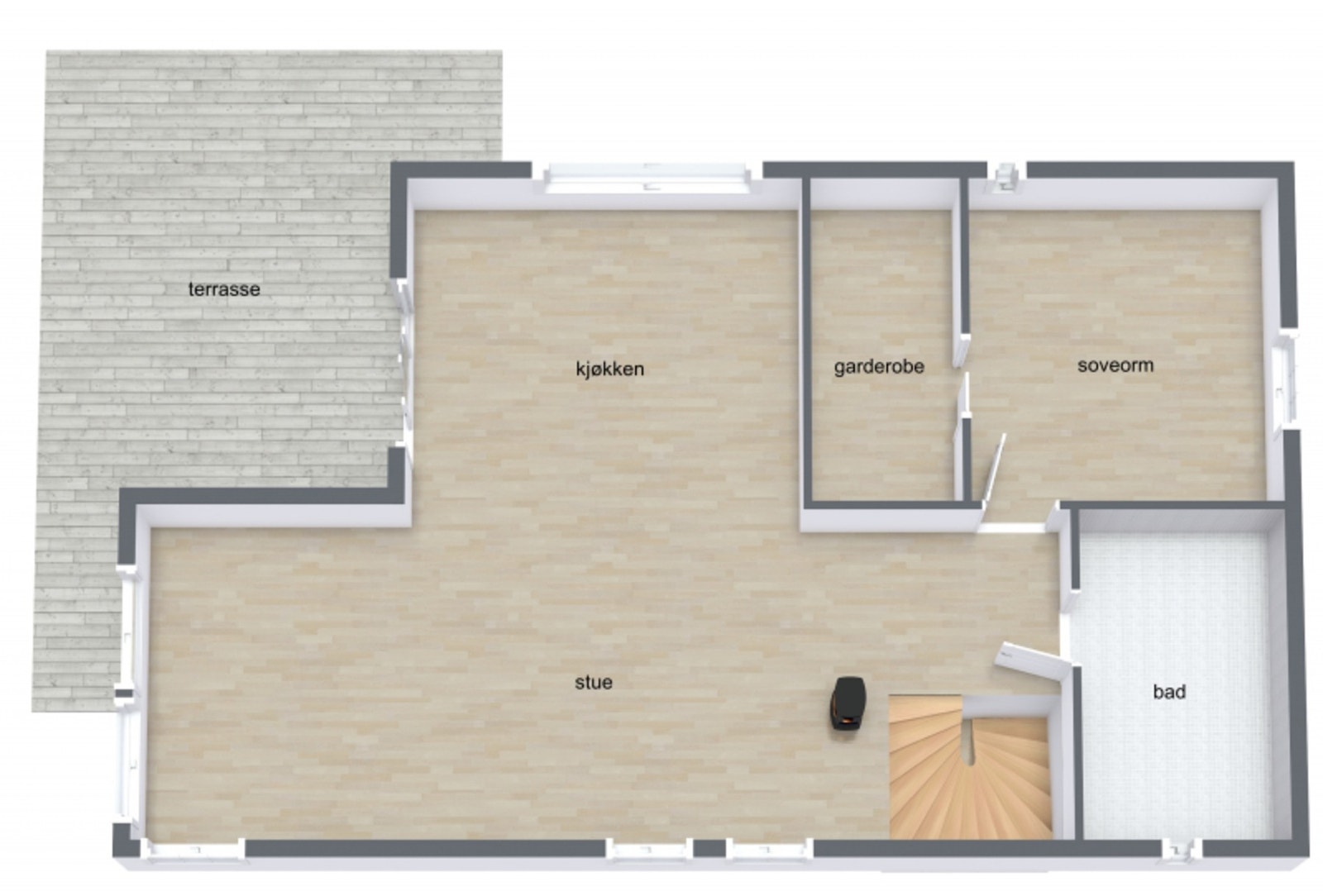 2.etasje byr på åpen stue/kjøkkenløsning med utgang til veranda, bad og soverom med adkomst til walk-in-closet. Galleribilde