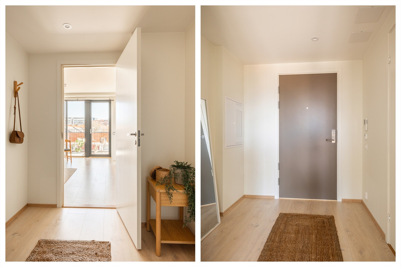Innenfor inngangsdøren møtes man av en lys entré på ca. 5 m². Her er det plass til garderobeløsning. Downlights i himling. Galleribilde