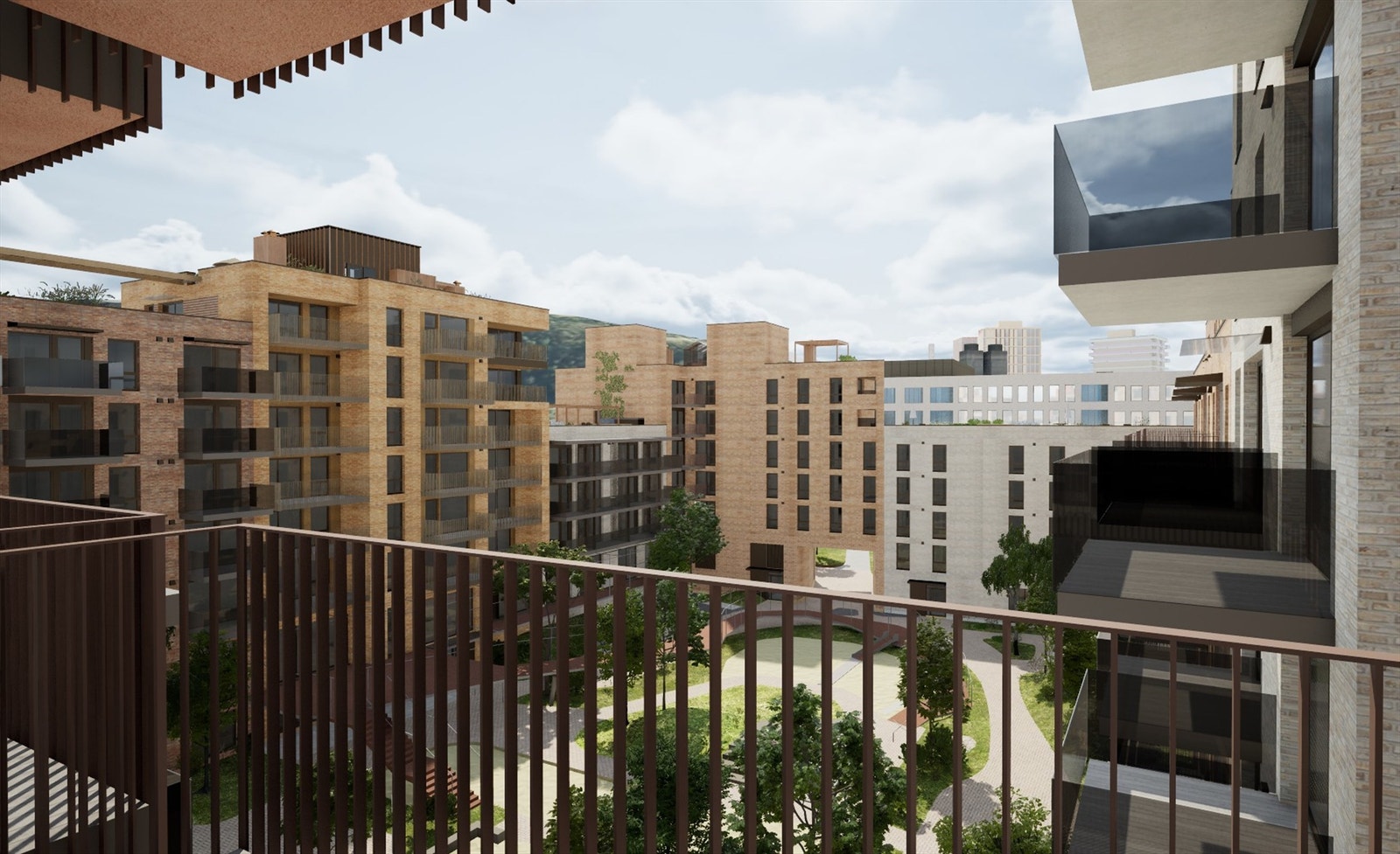 Illustrasjon | Sørvestvendt balkong på ca. 8,5 m² som er fordelaktig vendt inn mot den hyggelige byhagen. Det er sol på balkongen fra rundt kl. 10:30 til 15:00 midtsommers, ifølge prosjektets simulator. Avvik kan forekomme. Galleribilde