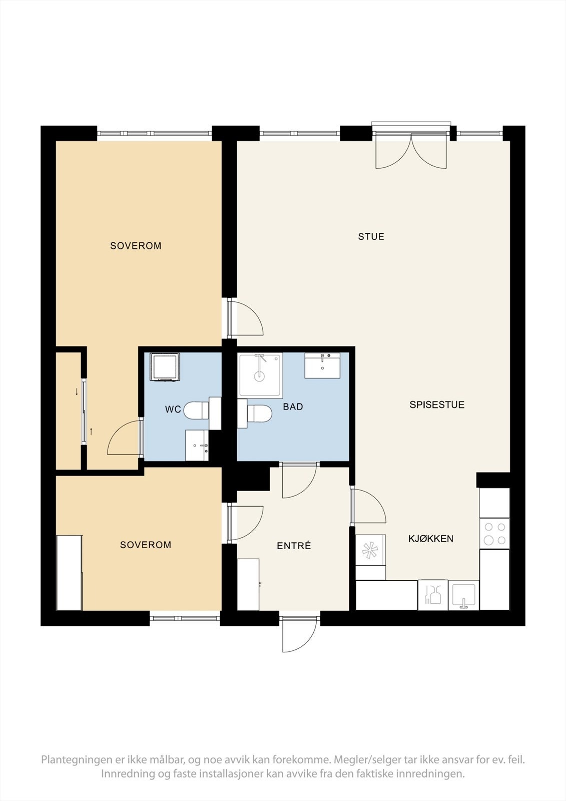 Med et bruksareal på 81 m² rommer leiligheten en romslig entré, to soverom, to bad og en åpen sone for stue og kjøkken. Galleribilde