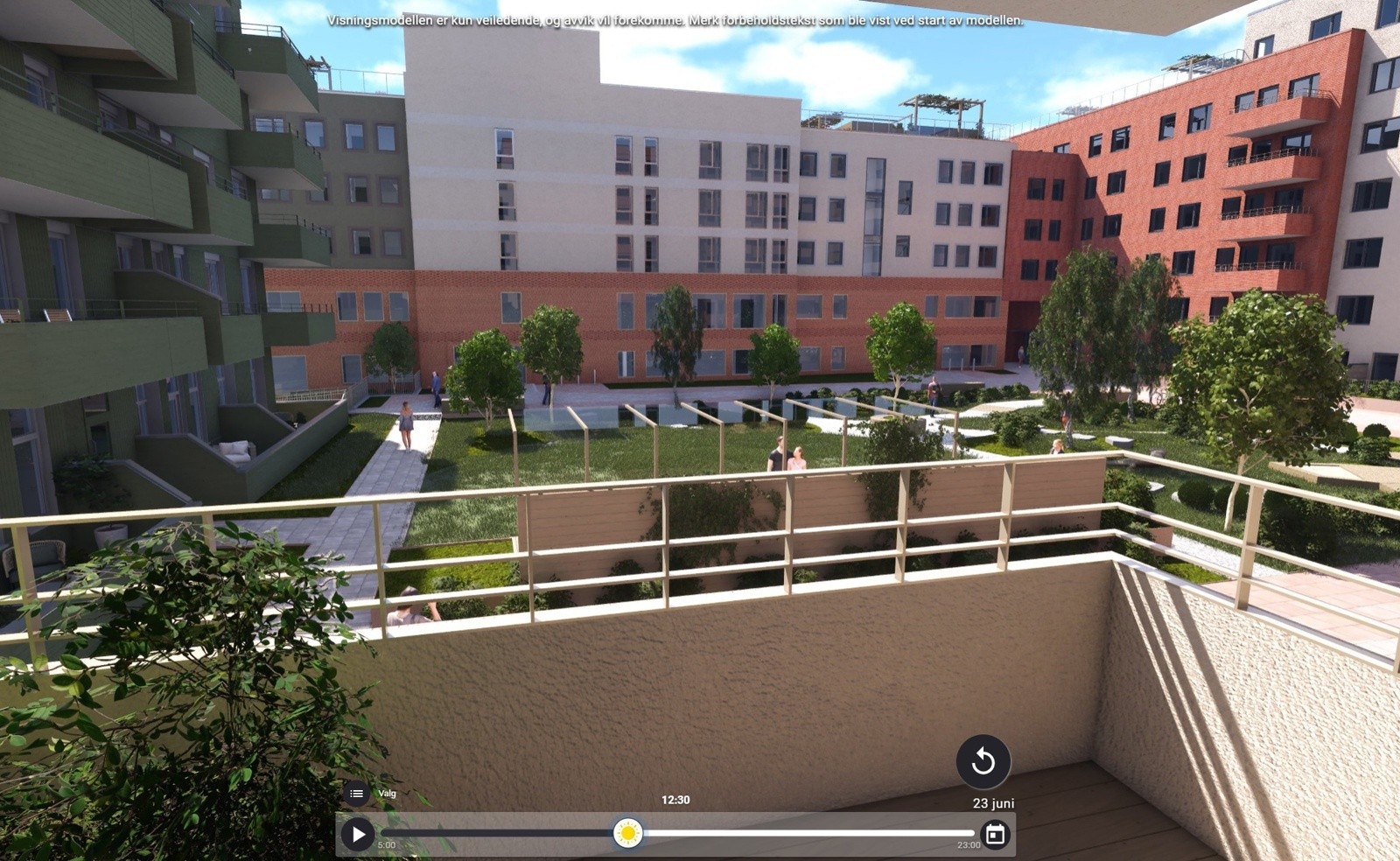 Screenshot fra vår solmodell, her vises utsyn fra balkongen fra leilighet 2010 Galleribilde