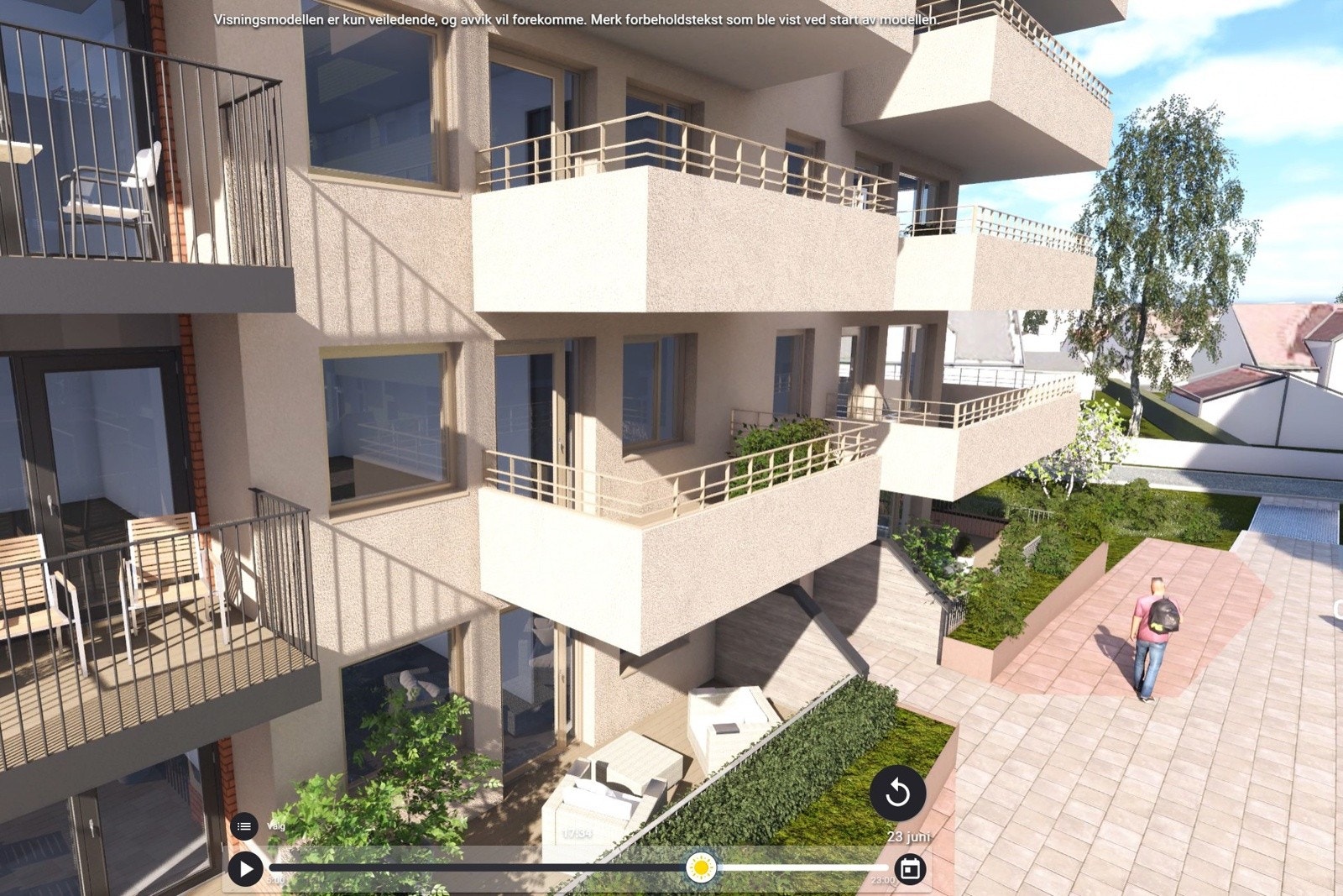 Screenshot fra vår solmodell, her vises balkongen fra leilighet 2010 Galleribilde