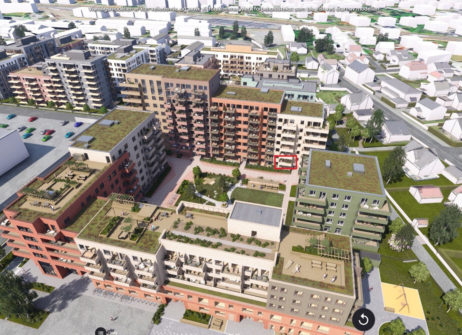Screenshot fra vår solmodell, her vises Torghagen, markert leilighet 2010 Galleribilde
