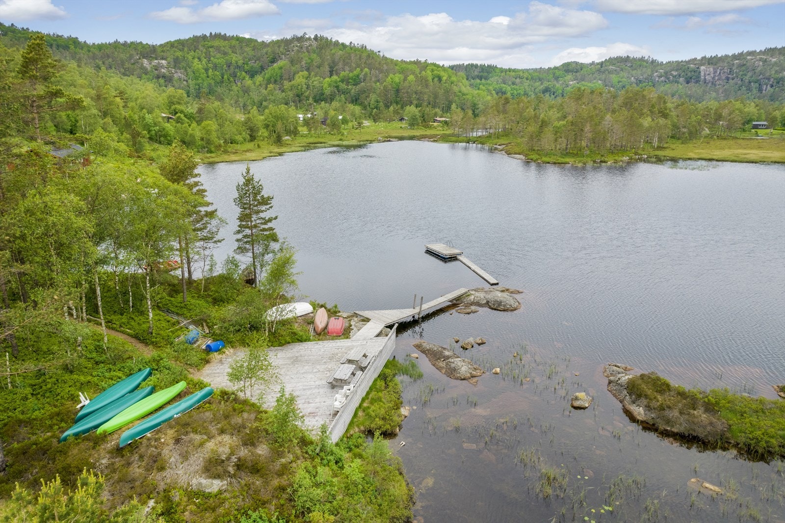 Sommerbilde fra tidligere salg som viser badeplass bare noen meter fra hytta Galleribilde