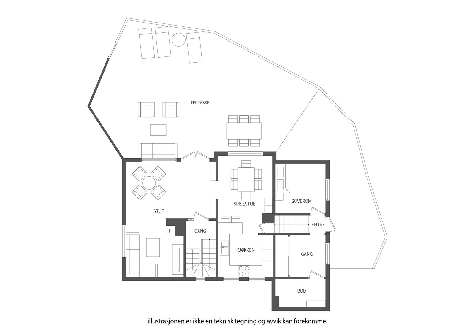 Hovedetasje med utgang til terrassen | Trappesats ned til sone med bi-inngang og areal med soverom, bod og garderobe (her er det lagt opplegg med vannrør til kjøkken) Galleribilde