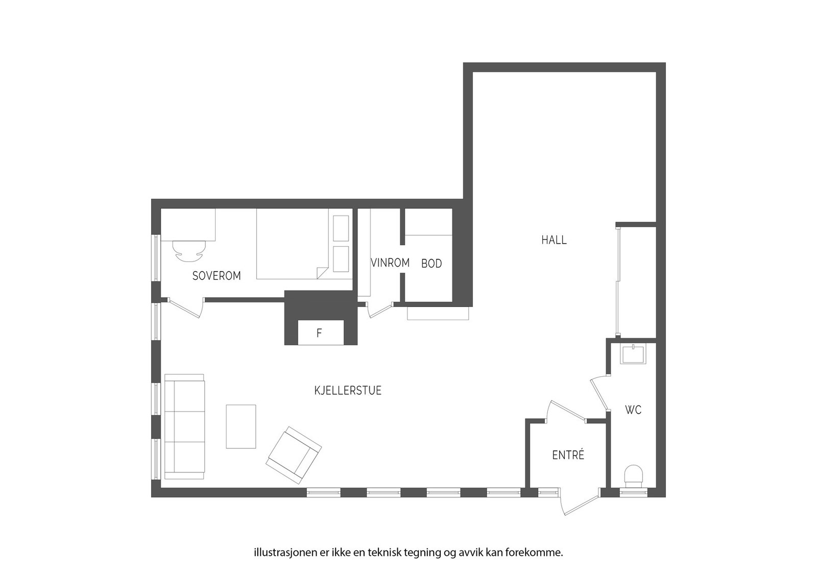 Underetasje med bl.a. kjellerstue og hall på 43 m² Galleribilde