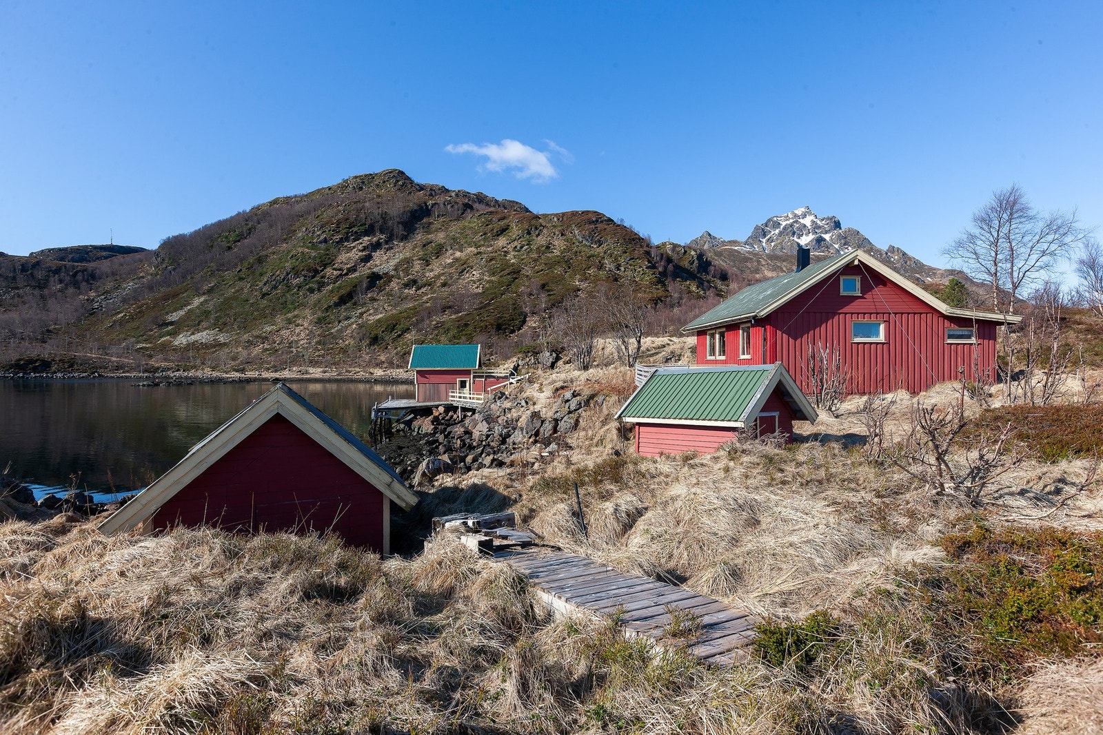 Tomten er noe kupert, med sti mellom byggene. Galleribilde