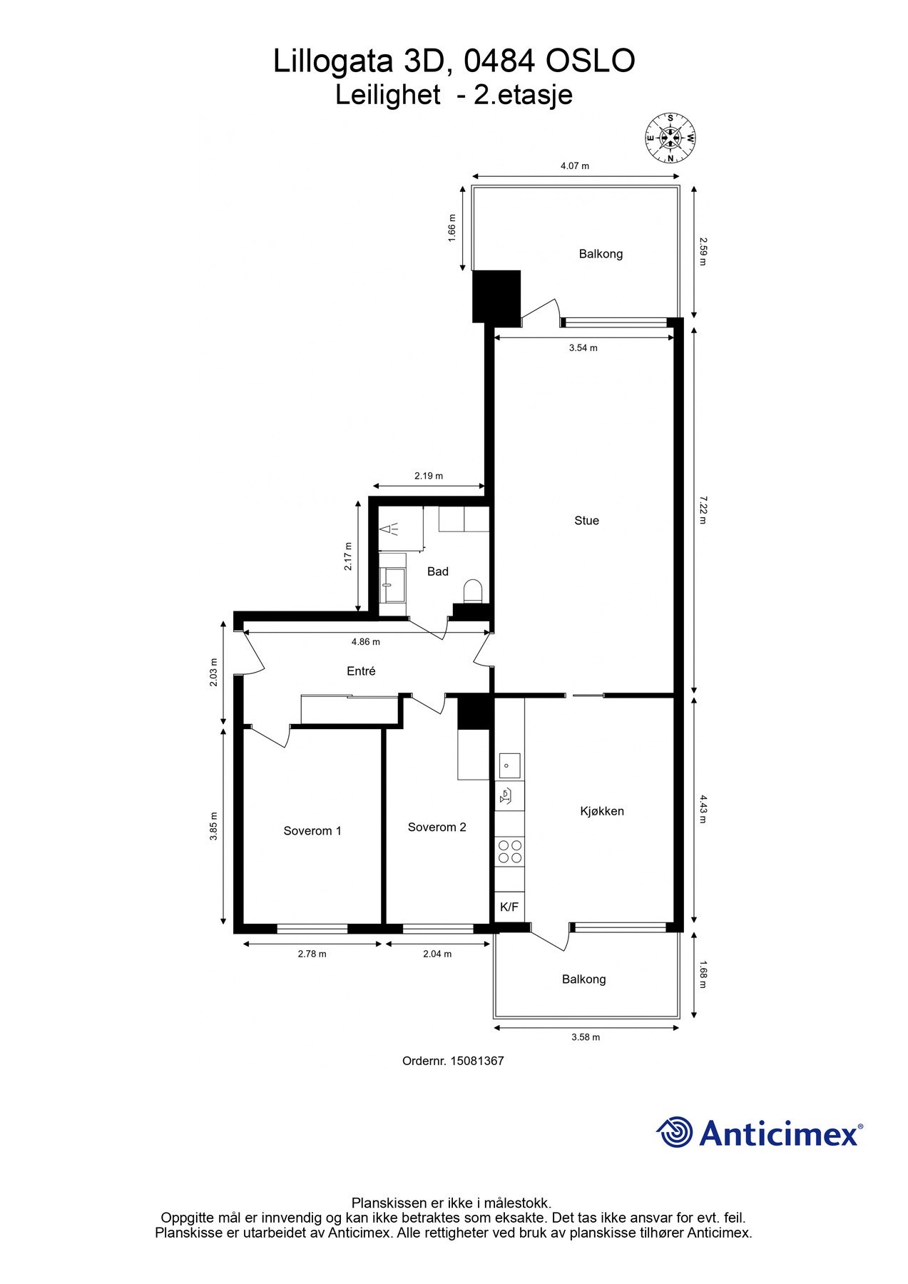 Plantegning 2. etasje. I tillegg disponerer en bod på 7m² i samme etasje som leiligheten, en kjellerbod på 4m² og en garasjeplass med elbil-lader i byggets garasjeanlegg. Heis i bygget. Galleribilde