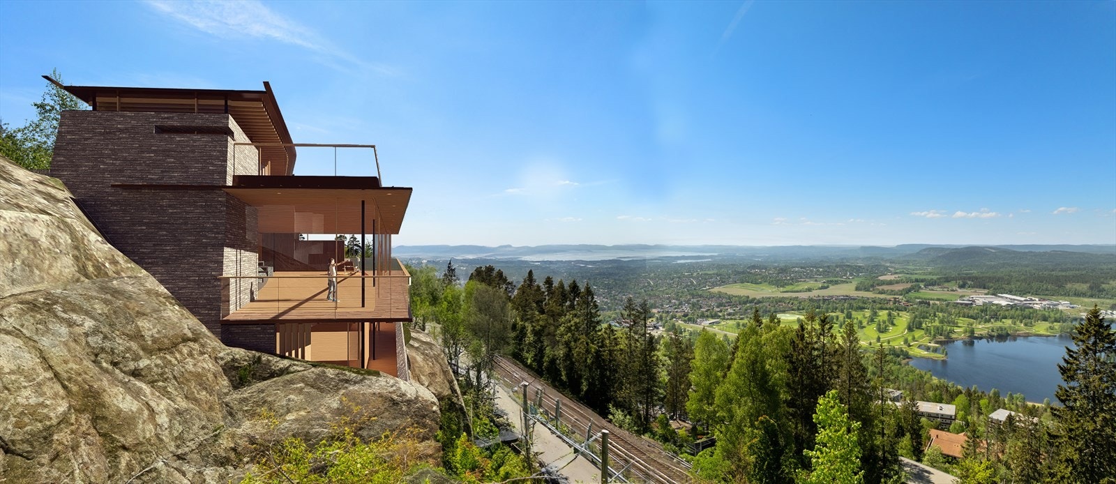 Illustrasjonsfoto sett fra nordøst. Reguleringsbestemmelsene tillater å etablere en plan uteplass på terrenget øst for takterrassen, der vil man kunne nyte tidlig morgensol. Galleribilde
