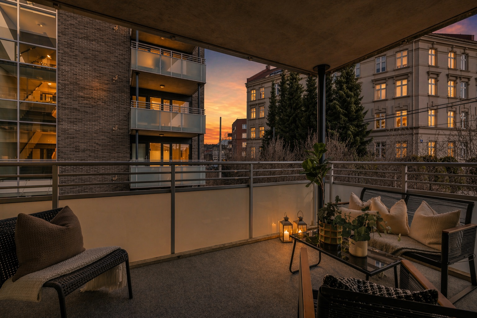 Hyggelig kveldsstemning på balkongen! (Bildet er AI-redigert fra dag til kveld) Galleribilde