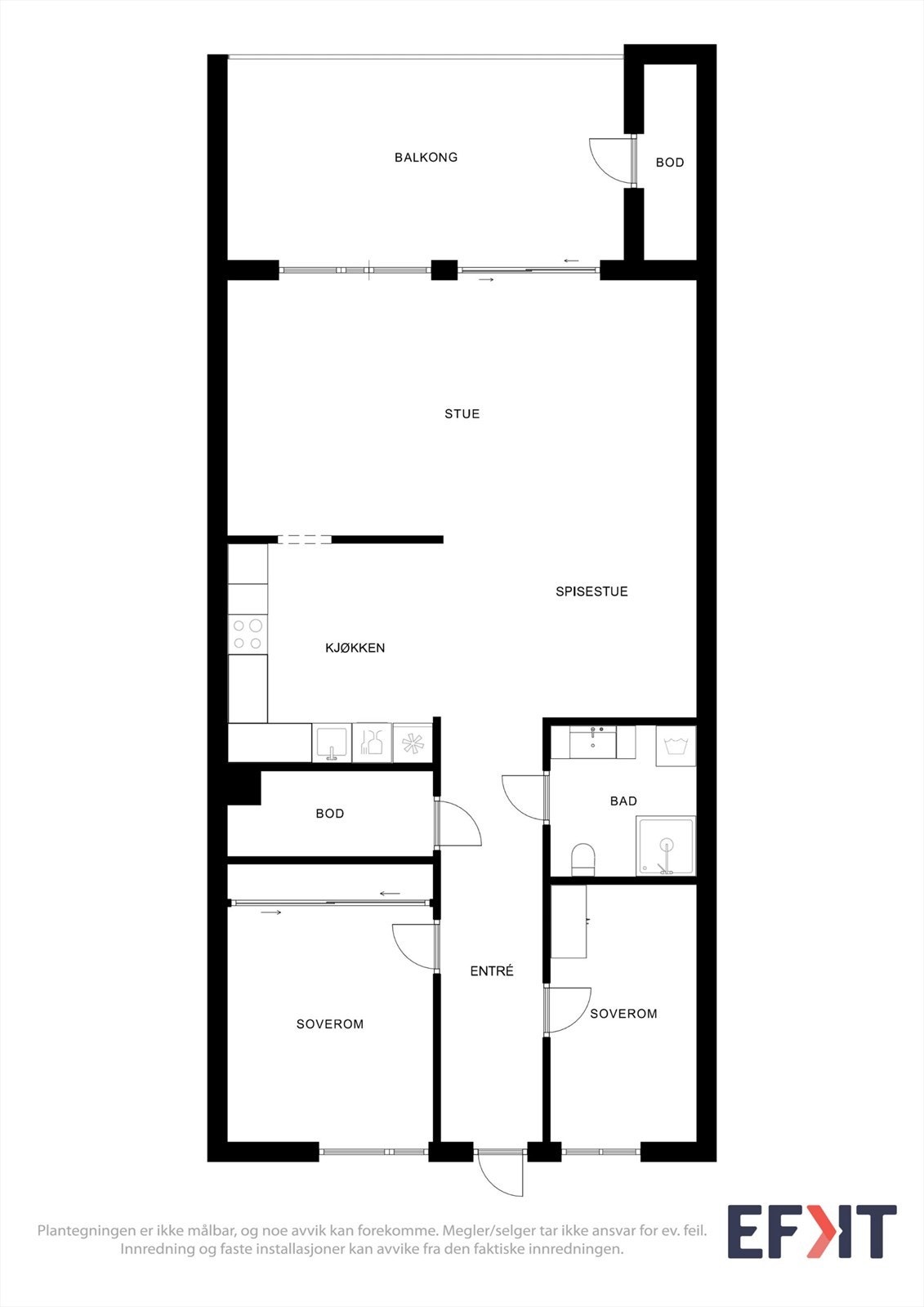 Leiligheten har en god planløsning på 88 m² (BRA-i) som fordeler seg på entré, to soverom, bad, en innvendig bod og en åpen stue- og kjøkkenløsning. Galleribilde